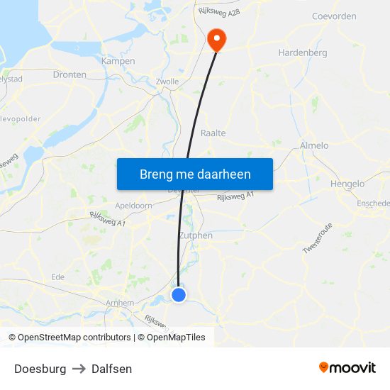 Doesburg to Dalfsen map