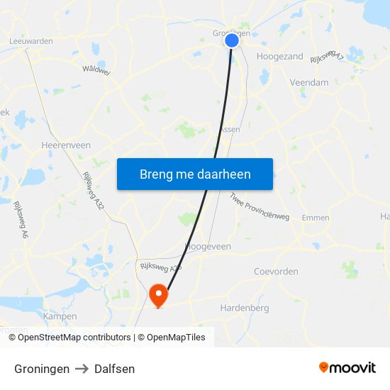 Groningen to Dalfsen map