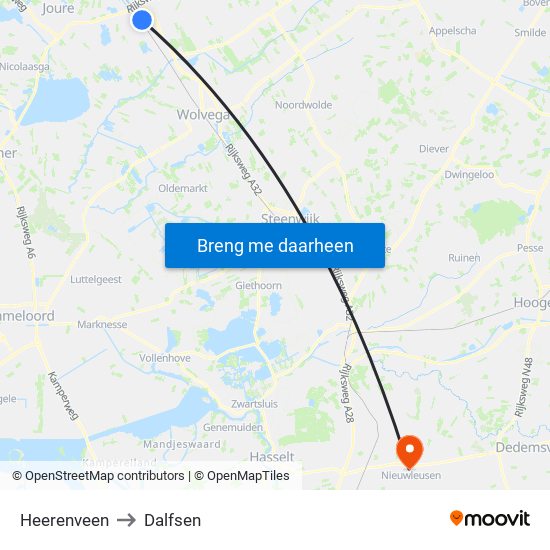 Heerenveen to Dalfsen map