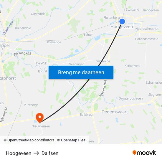 Hoogeveen to Dalfsen map
