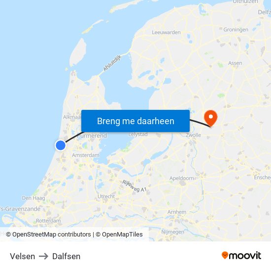 Velsen to Dalfsen map
