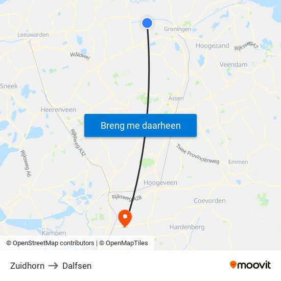 Zuidhorn to Dalfsen map