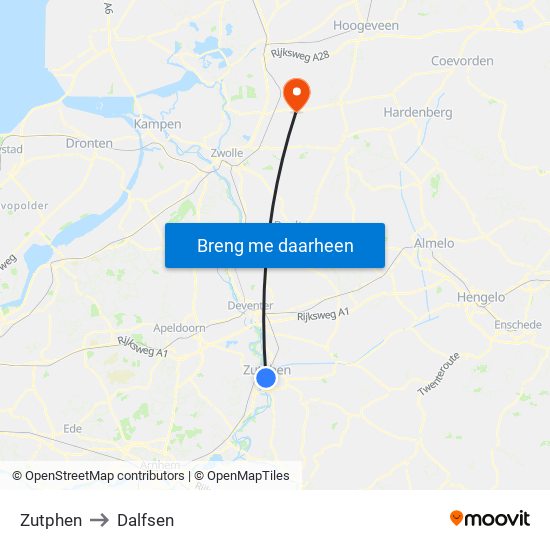Zutphen to Dalfsen map