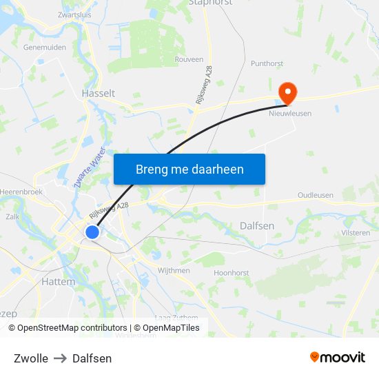 Zwolle to Dalfsen map