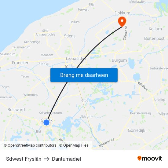 Sdwest Fryslân to Dantumadiel map