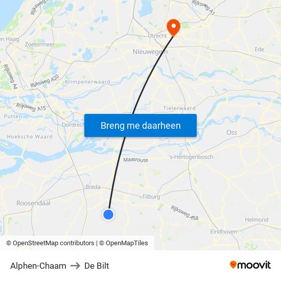 Alphen-Chaam to De Bilt map