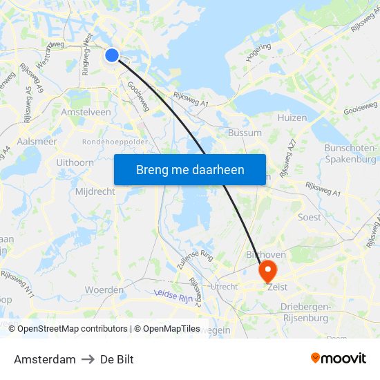 Amsterdam to De Bilt map