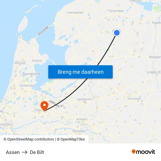 Assen to De Bilt map