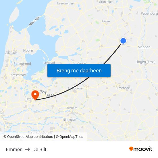 Emmen to De Bilt map