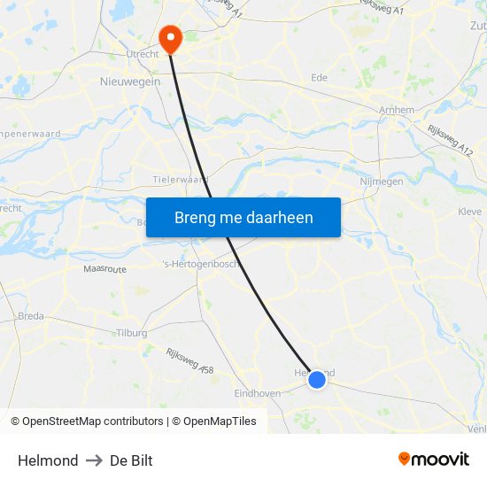 Helmond to De Bilt map