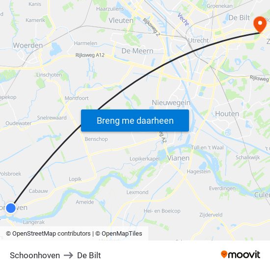 Schoonhoven to De Bilt map