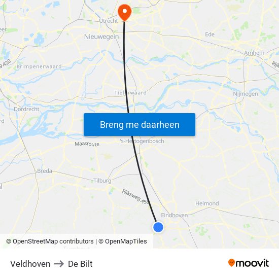 Veldhoven to De Bilt map