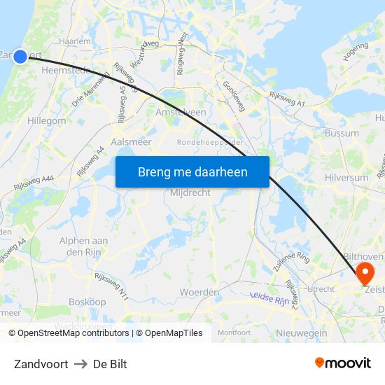 Zandvoort to De Bilt map