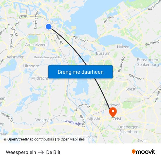 Weesperplein to De Bilt map