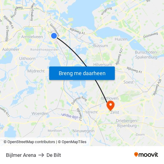 Bijlmer Arena to De Bilt map