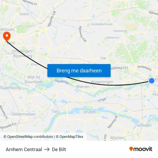 Arnhem Centraal to De Bilt map