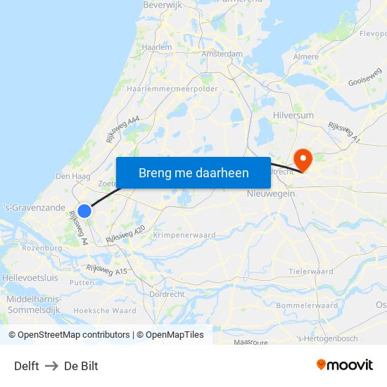 Delft to De Bilt map