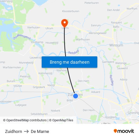 Zuidhorn to De Marne map