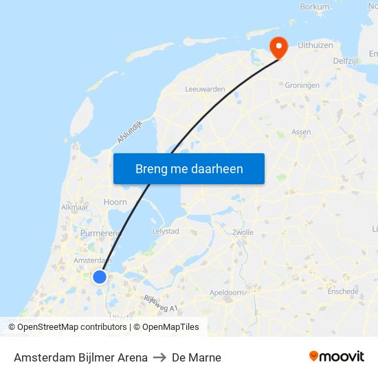 Amsterdam Bijlmer Arena to De Marne map