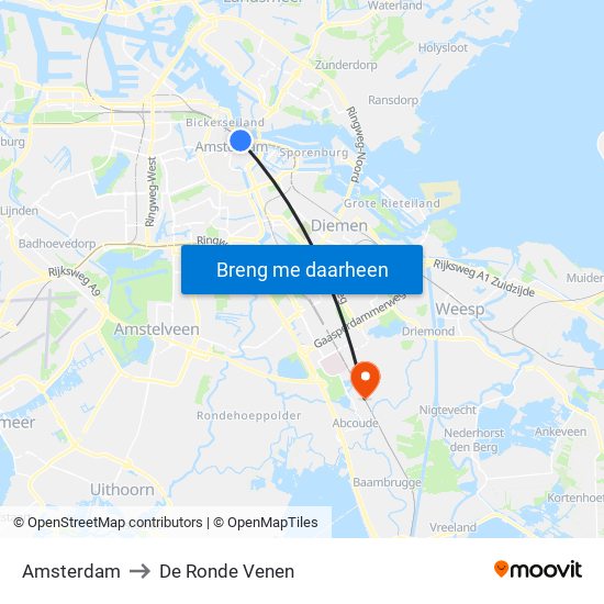Amsterdam to De Ronde Venen map