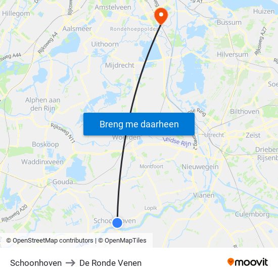 Schoonhoven to De Ronde Venen map