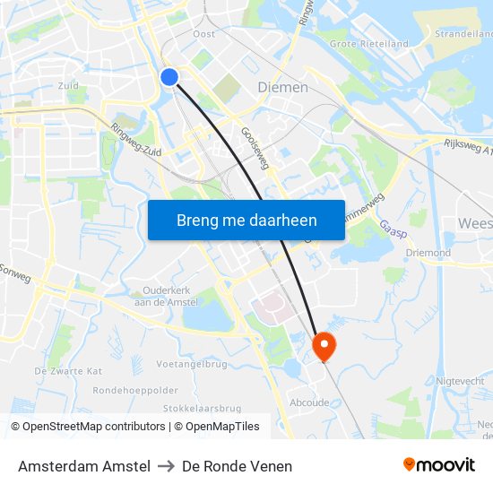 Amsterdam Amstel to De Ronde Venen map