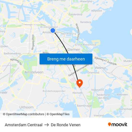 Amsterdam Centraal to De Ronde Venen map