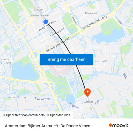Amsterdam Bijlmer Arena to De Ronde Venen map