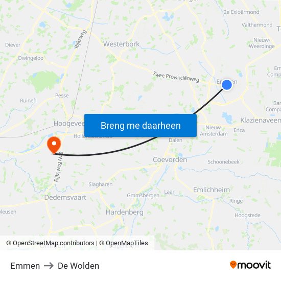 Emmen to De Wolden map