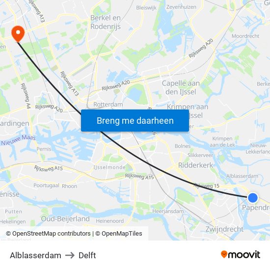 Alblasserdam to Delft map