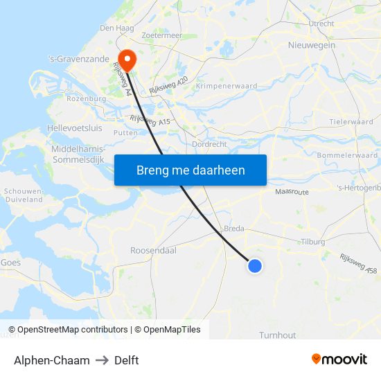 Alphen-Chaam to Delft map