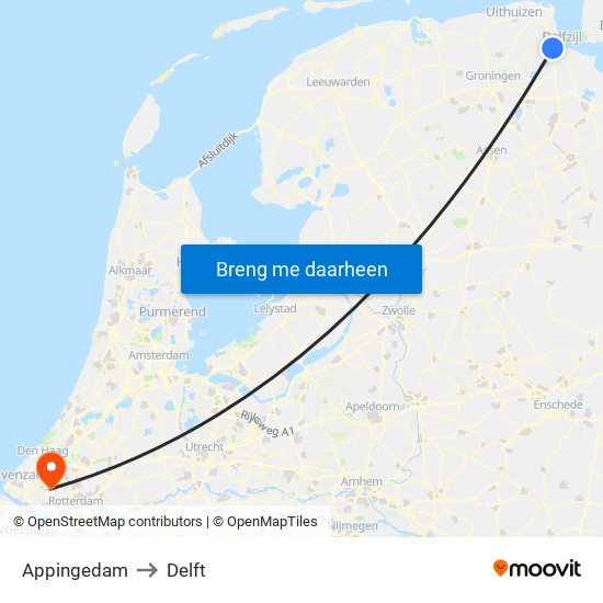 Appingedam to Delft map