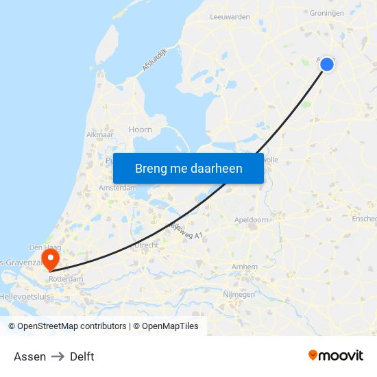 Assen to Delft map