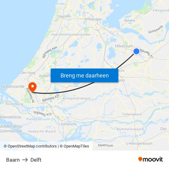 Baarn to Delft map