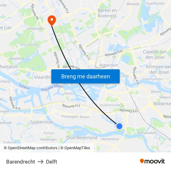 Barendrecht to Delft map