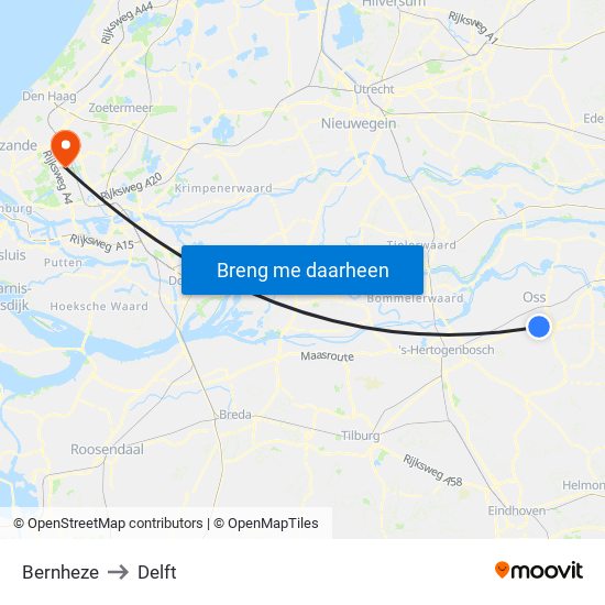 Bernheze to Delft map