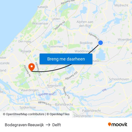 Bodegraven-Reeuwijk to Delft map