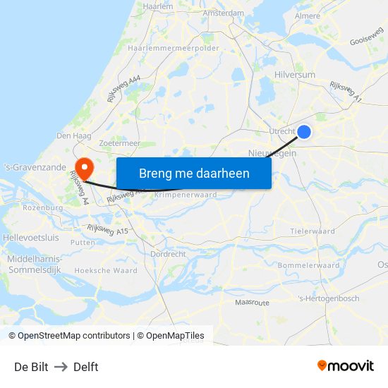 De Bilt to Delft map