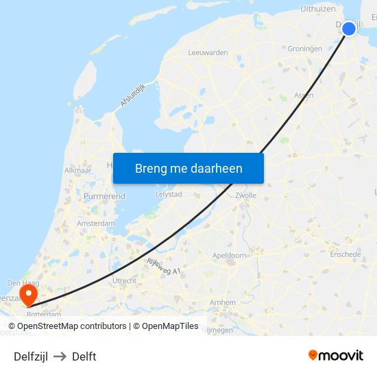 Delfzijl to Delft map