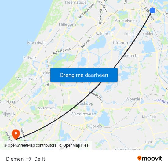 Diemen to Delft map