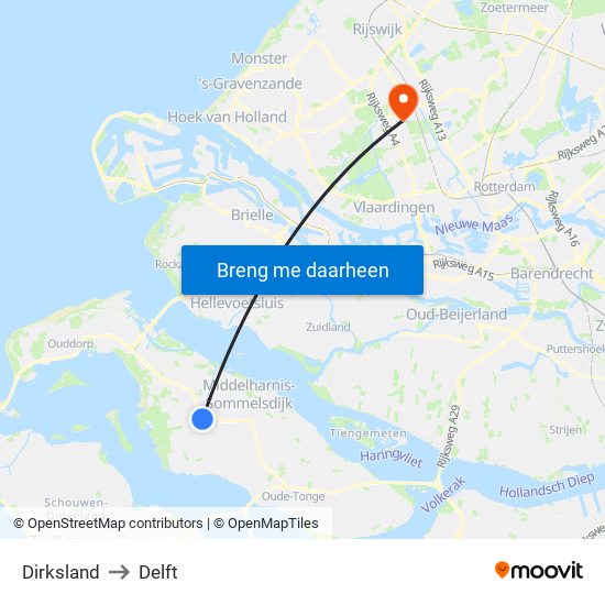 Dirksland to Delft map