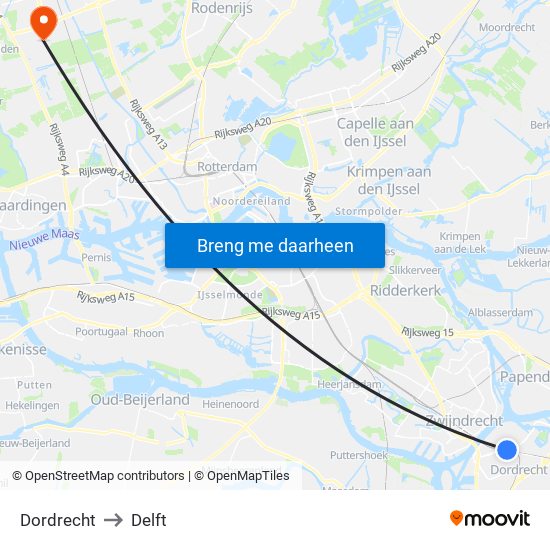 Dordrecht to Delft map