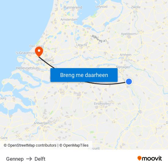 Gennep to Delft map