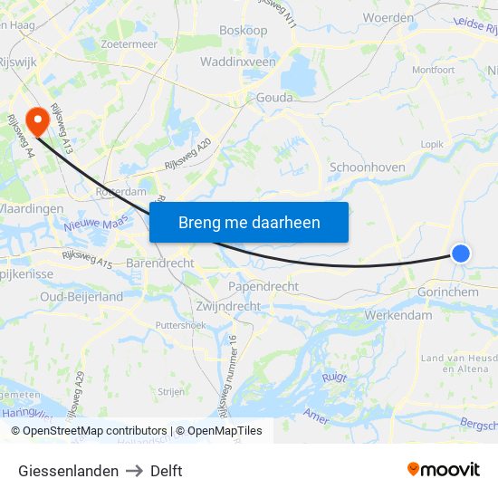 Giessenlanden to Delft map