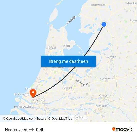 Heerenveen to Delft map