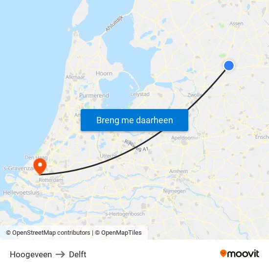 Hoogeveen to Delft map