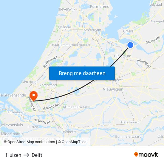 Huizen to Delft map