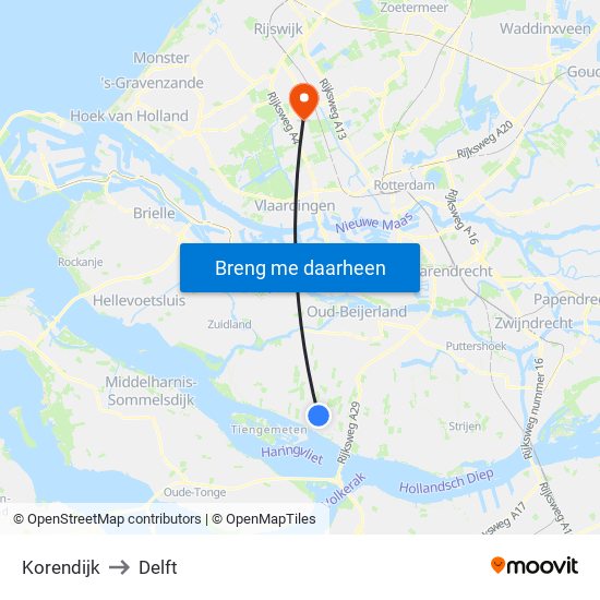 Korendijk to Delft map