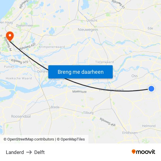 Landerd to Delft map