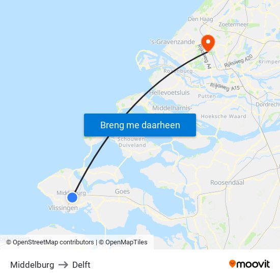 Middelburg to Delft map